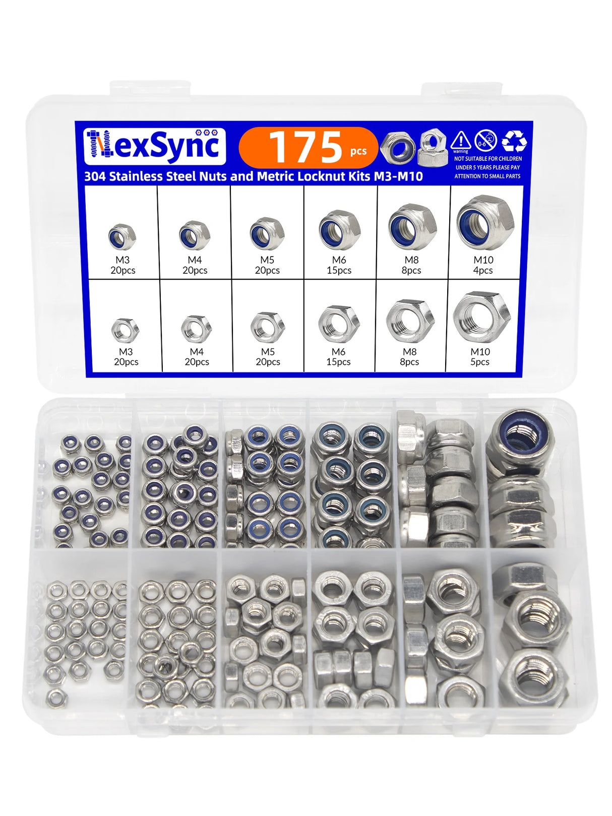 175pcs 304 Stainless Steel Nuts and Metric Locknut Kits M3 M4 M5 M6 M8 M10 Metric Nylon Insert Lock & Hex Nut Set