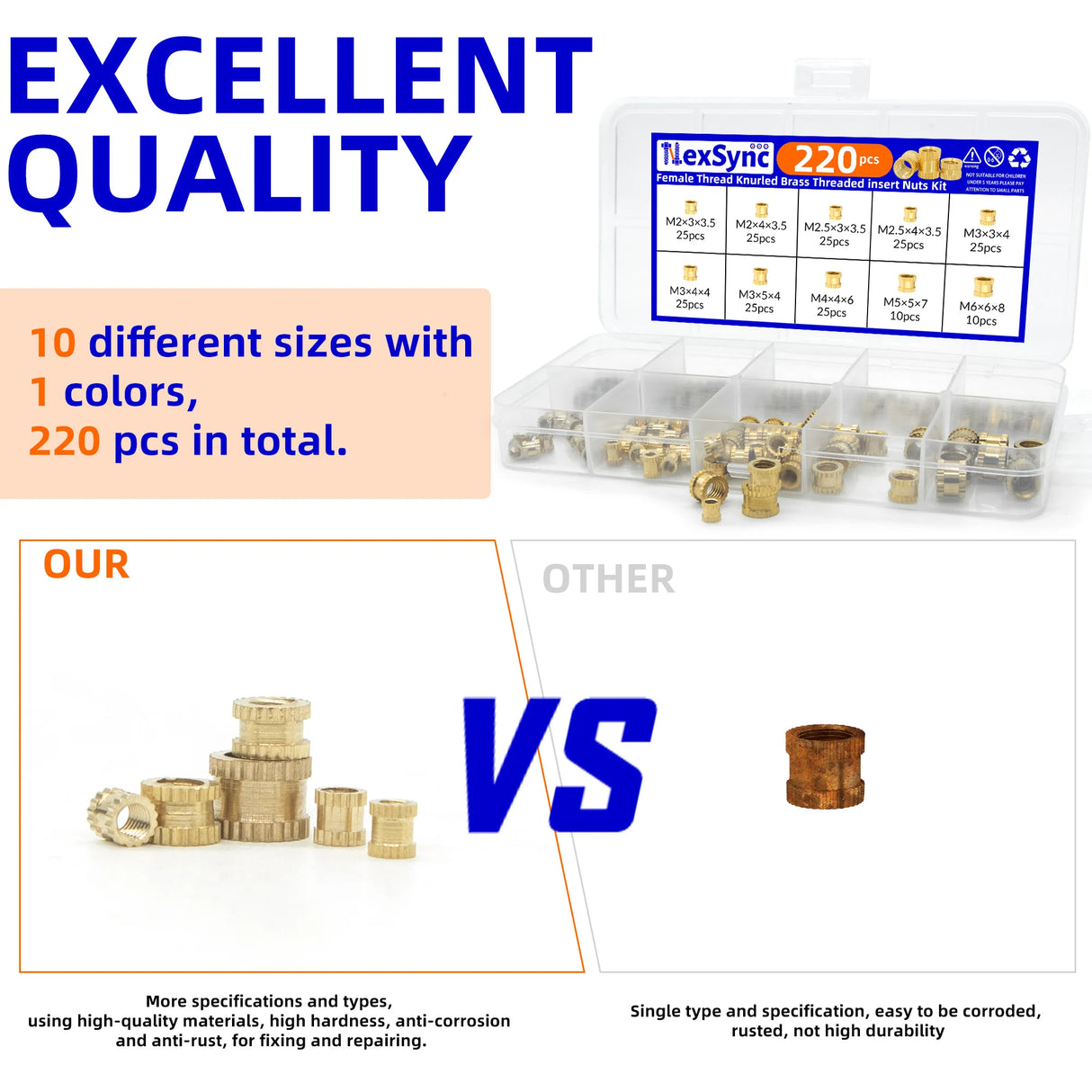 220pcs M2 - M6 Brass Heat Insert Nuts for 3D Printers. Knurled, double - twill threads. Ideal for hot - melt embedding.