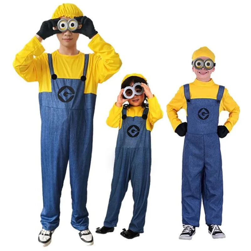 Family Little Yellow Men Cosplay Costume Set Adult Yellow Shirt Blue Overalls Halloween Carnival Party Role Play Outfit