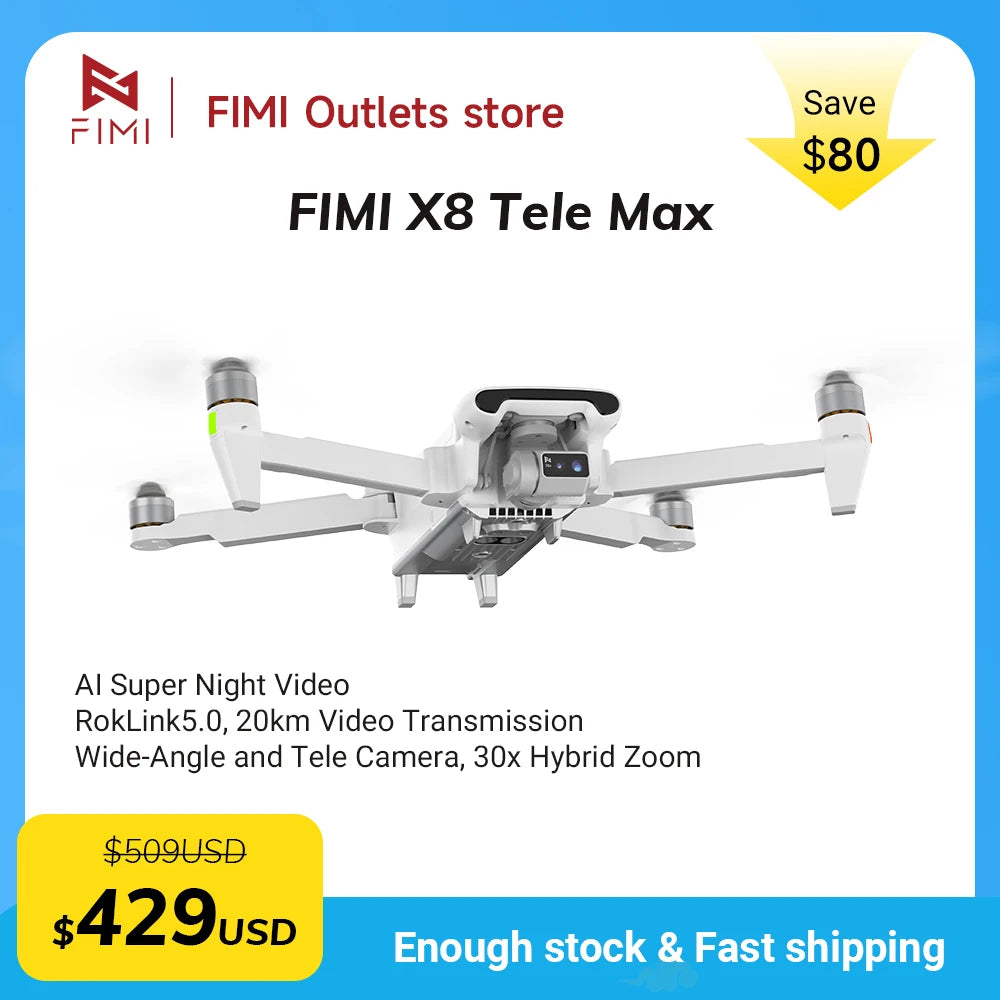 FIMI X8 Tele Max Drone 30x Hybrid Zoom Wide-Angle Tele Camera 20KM Range 4K 60fps 3-Axis Gimbal GPS AI Super Night Video