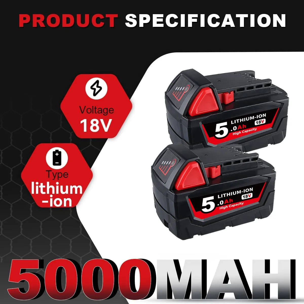 VANON 1/2/4Pcs 5.0Ah M18 Li-on Battery Replace for Milwaukee 48-11-1810 48-11-1820 48-11-1850 48-11-1860 18V Battery Pin
