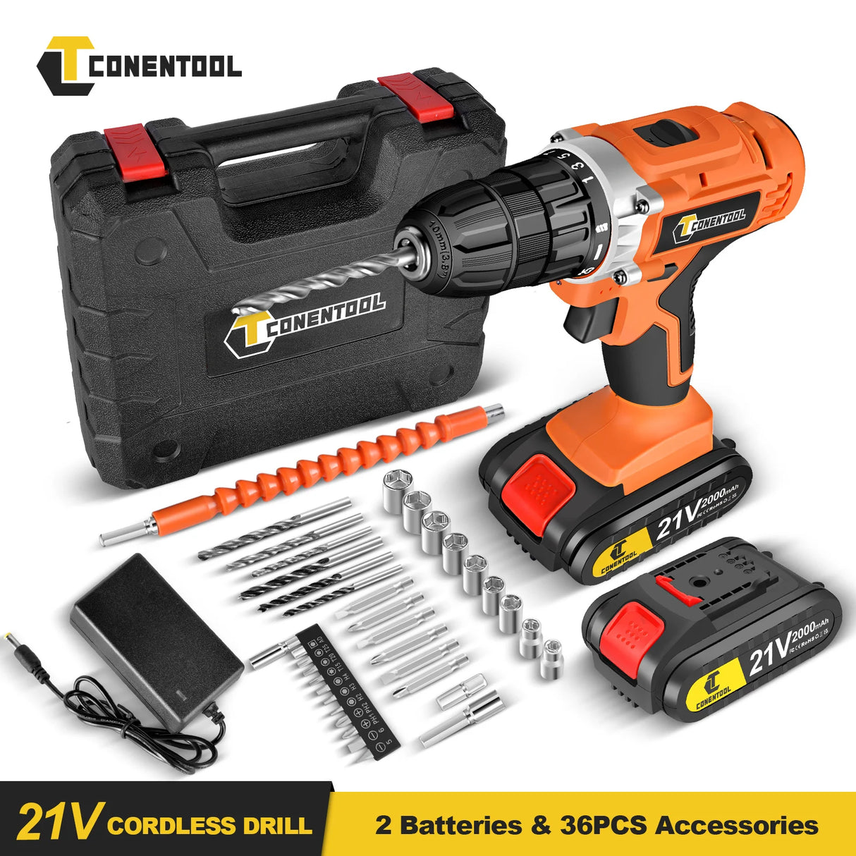 Conentool 45N.m Cordless Drill Driver Electric Screwdriver Rechargeable 2 Battery 25+1 Clutch Torque Impact Drill 36PCS Tool Set