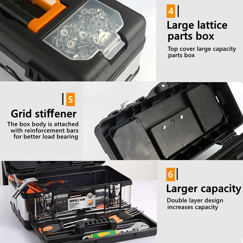 Household portable stainless steel tool box storage box industrial grade empty large toolbox suitcase metal tool organizer box