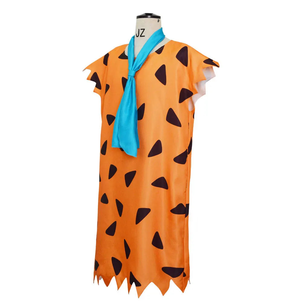 The Flintstones Fred Flintstone Caveman Cosplay Complete Outfit Orange Printed Tunic Blue Scarf Halloween Carnival Party Disfraz
