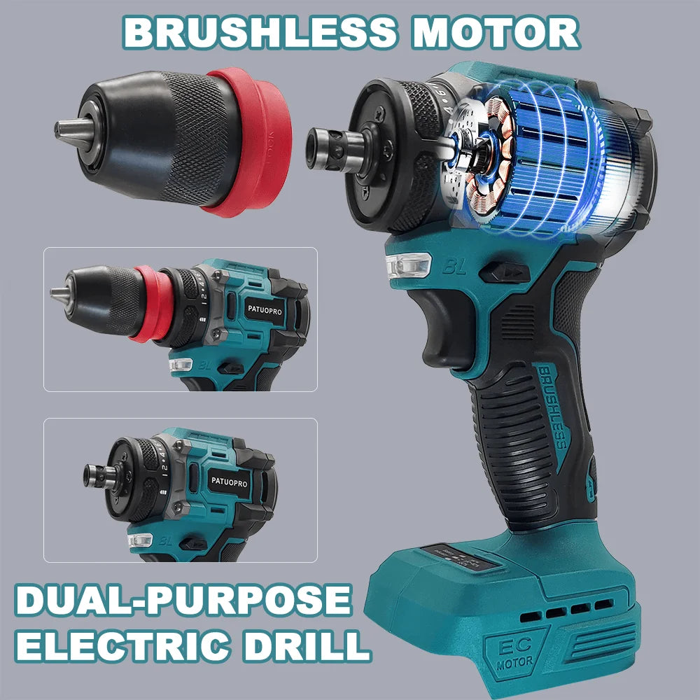 PATUOPRO 2 In 1 Cordless Electric Drill 10MM Chuck Brushless Screwdriver Rechargeable Driver Power Tool For Makita 18V Battery