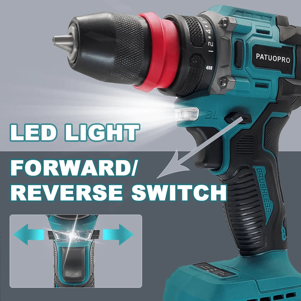 PATUOPRO 2 In 1 Cordless Electric Drill 10MM Chuck Brushless Screwdriver Rechargeable Driver Power Tool For Makita 18V Battery