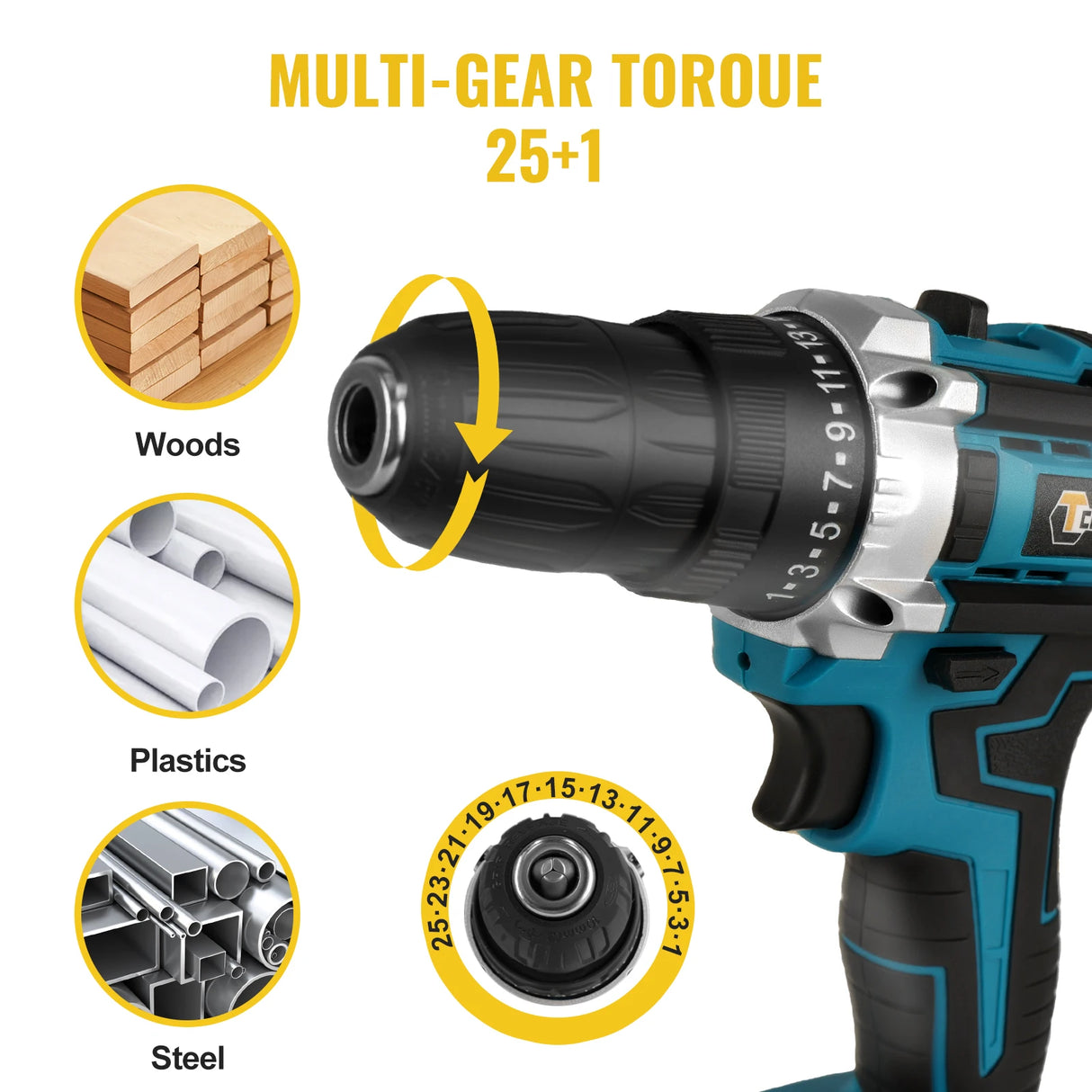 Conentool 45N.m 21V Cordless Drill Combi Set 25+1 Torque Electric Screwdriver Impact Drill Driver 2x 2.0Ah Battery for Home, DIY