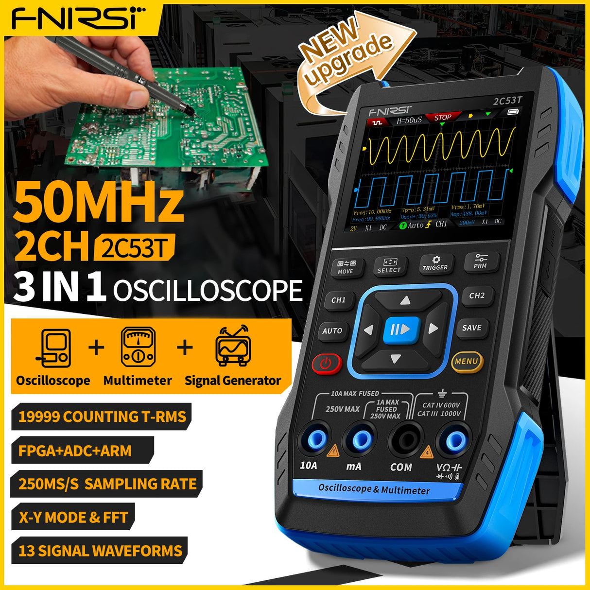 FNIRSI 2C23T 2C53T Upgrade 50MHz Handheld Digital Oscilloscope Multimeter Signal Generator 3 in 1 Dual Channel Automotive Tools