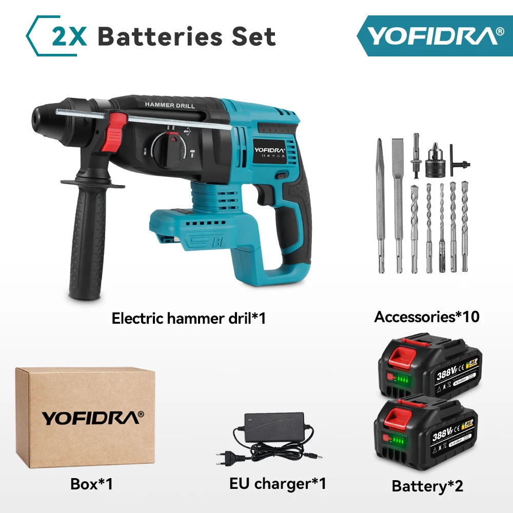 YOFIDRA Brushless Electric Hammer Impact Drill 26MM Cordless Woodworking Impact Drill Power Tools Set For Makita 18V Battery Pin