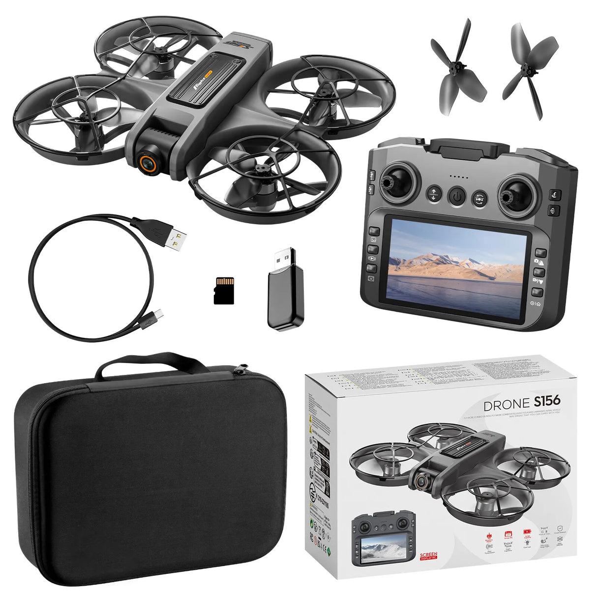 S156 Remote Control Drone WIFI FPV ESC 4K HD Dual Camera Gesture Photo 360° Stunt Roll Quadcopter Toy 12cm Screen Remote Control