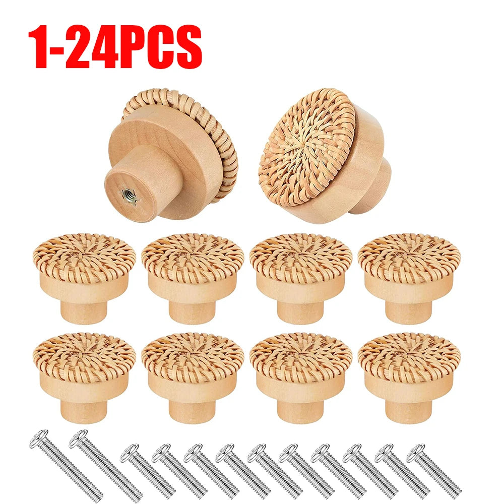 1-24pcs Rattan Wooden Handles Round Handmade Cabinets Drawer Pulls Wood Kitchen Cupboard Wardrobe Door Dresser Knobs