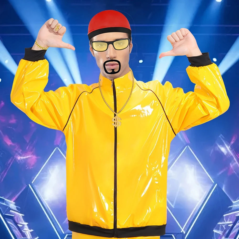 70S Disco Hippie Retro Cosplay Costume Hip Hop Windbreaker 80S Tracksuit Yellow Jacket Pants Hat Halloween Carnival Suit