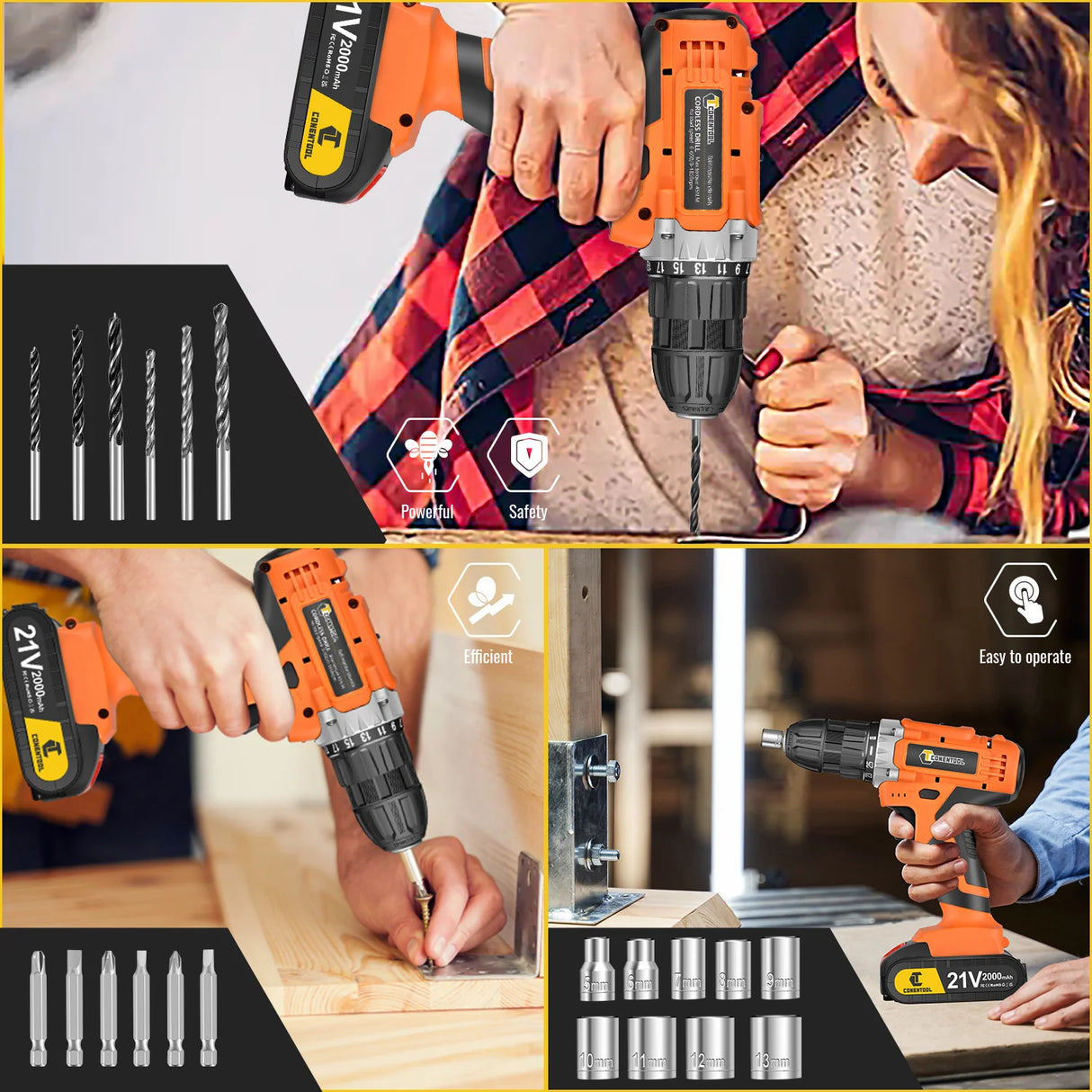 CONENTOOL Cordless Drill Driver 21V, Cordless Hammer Drill with 2 Batteries 2000mAh, 45N.m Combi Drill Screwdriver, LED Light