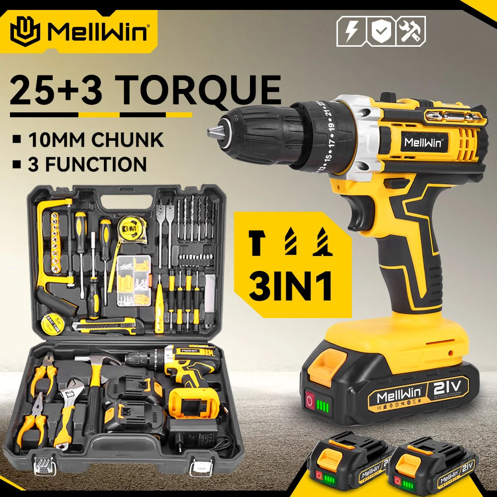 MELLWIN 25+3 Torque Electric Impact Drill 2 Speed Adjustable Cordless Electric Screwdriver Power Tool For Makita 18V Battery Pin