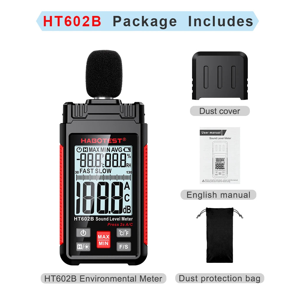 HABOTEST HT602 Sound Level Meter Digital Handheld DB Meter Sonometros Noise Audio Level Meter 30-130dB Decibels Mini Sound Meter