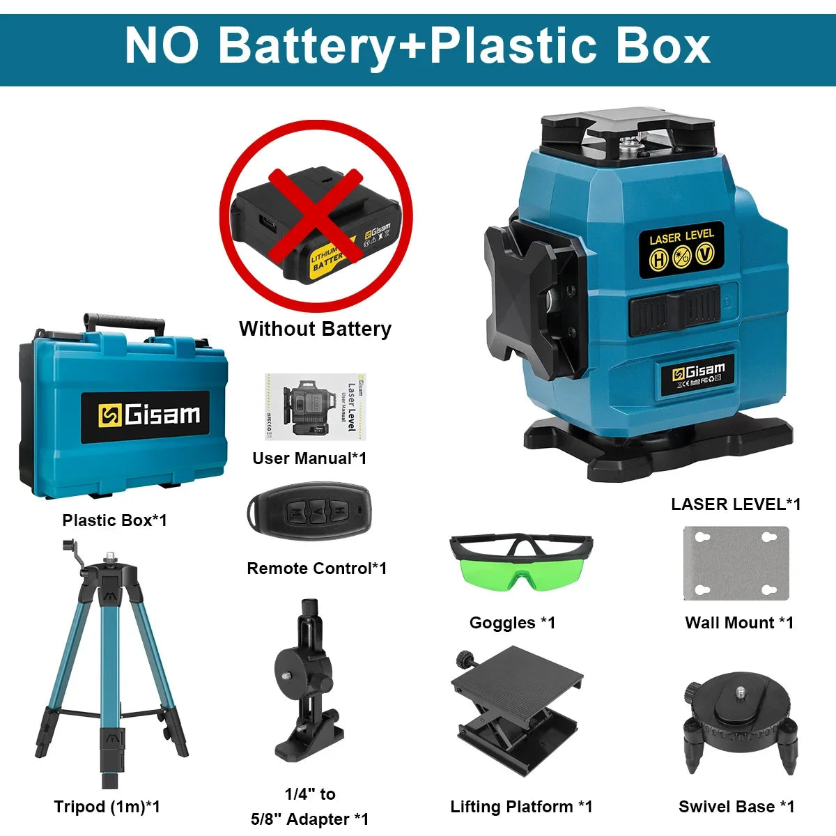 Gisam 16 Lines Laser Level Tripod Green Line SelfLeveling 360 Horizontal & Vertical Remote Control For makita 18v battery pins