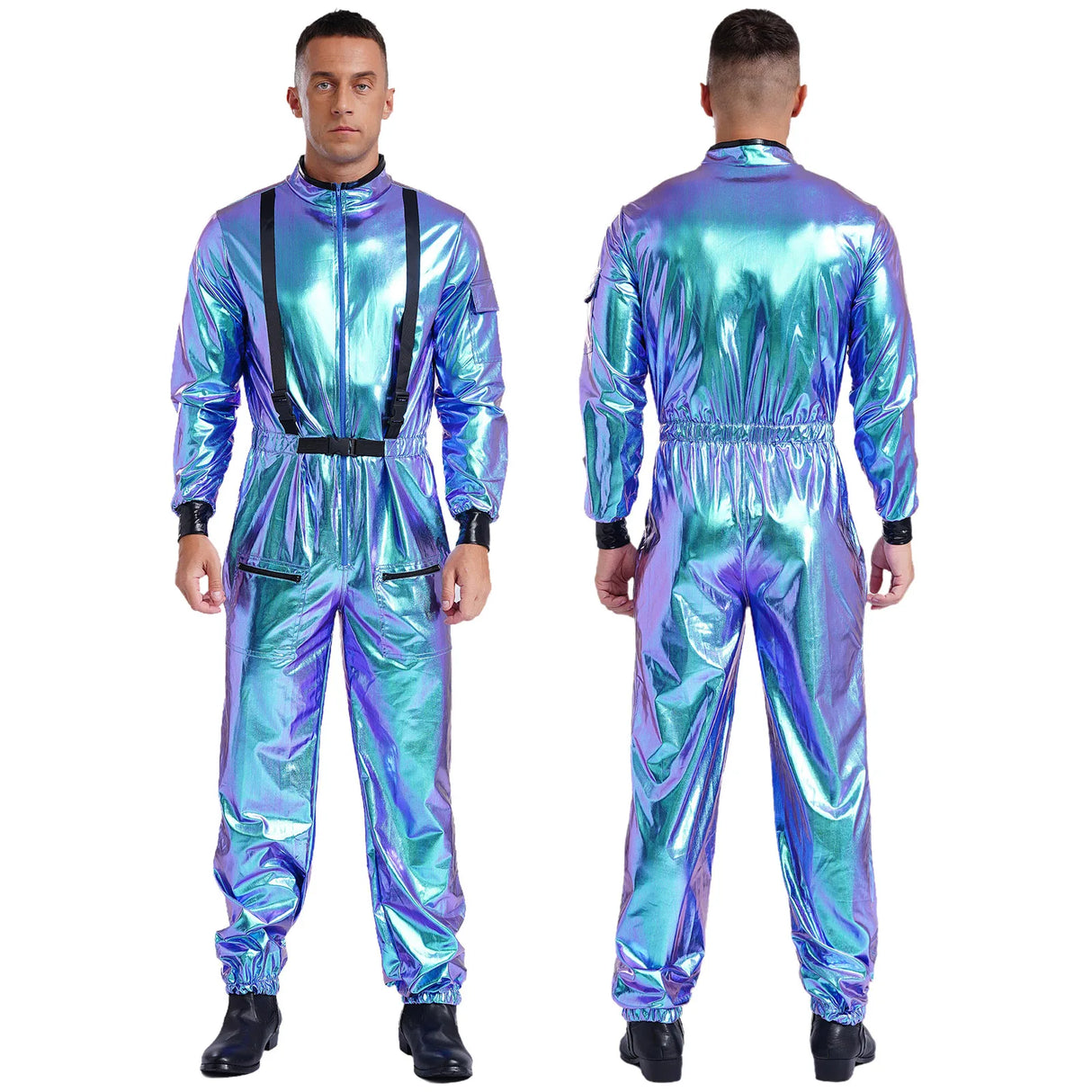 Men Women Halloween Space Astronaut Cosplay Costume Long Sleeve Metallic Shiny Zipper Jumpsuit for Carnival Theme Party Clubwear