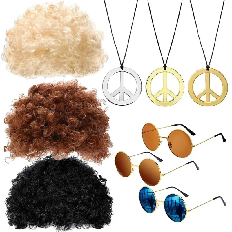 Hippie Funny Costume Set Funky Afro Wig Sunglasses Necklace For 50s 60s 70s Theme Party Men 80s Style Party Clothes Accessories