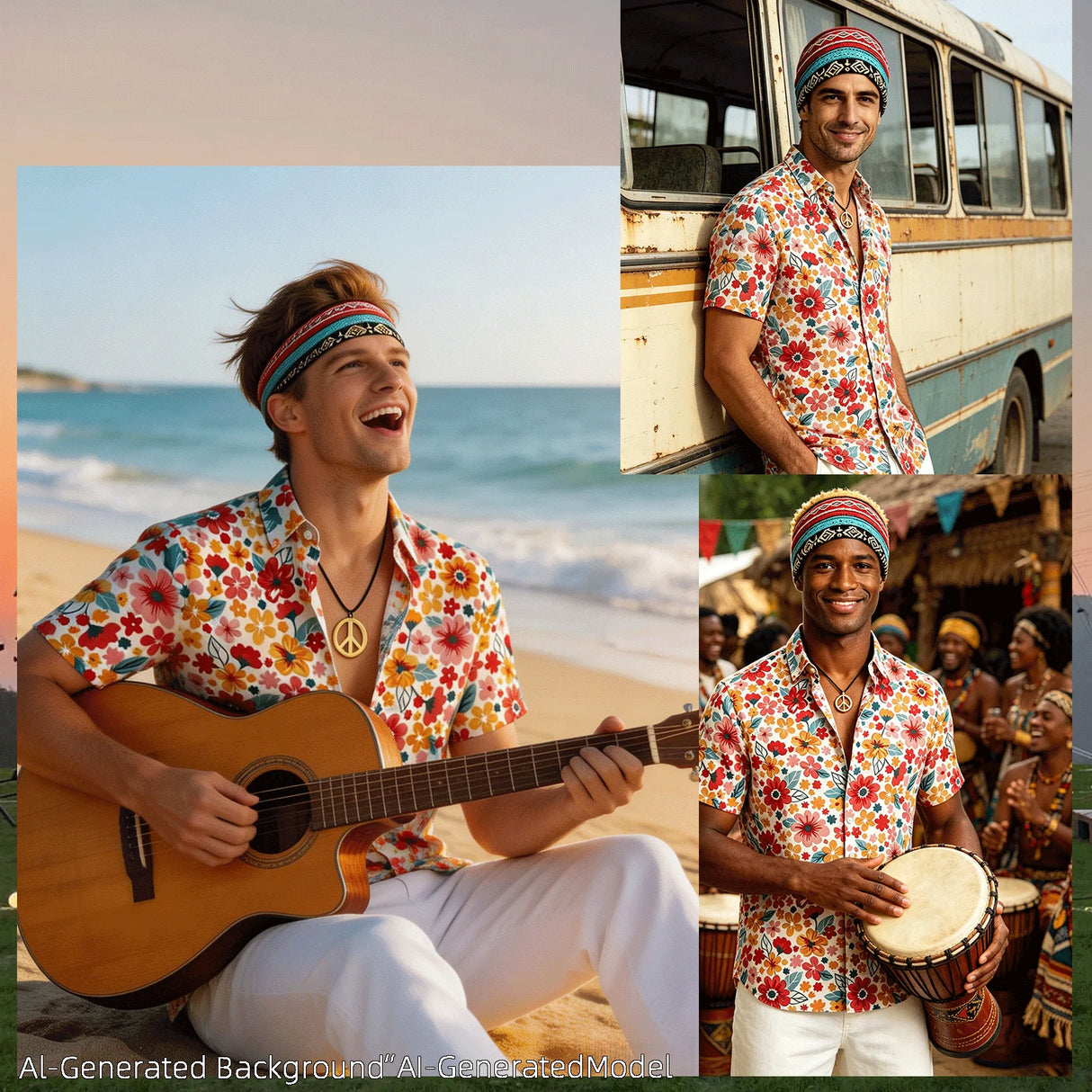 Mens 70s Disco Outfit Hippie Costume Vintage Printed Shirt with Sunglasses Headbands Necklace for Party