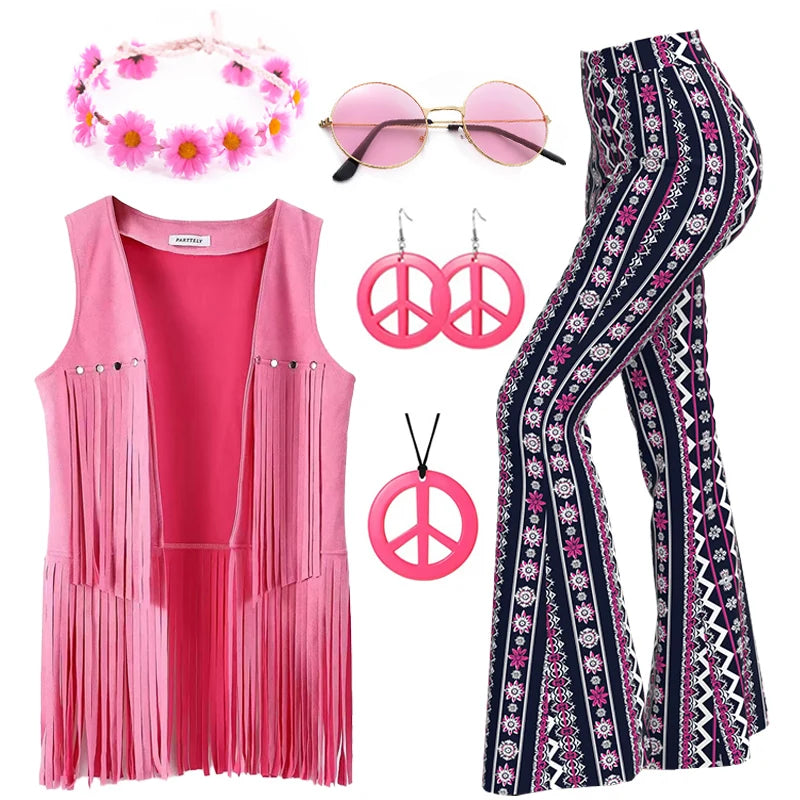 60s 70s Hippie Disco Cosplay Costume Women Hip Tassels Hippie Vest Cardigan Flared Pants Set Halloween Carnival Party