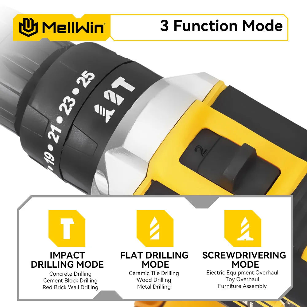 MELLWIN 25+3 Torque Electric Impact Drill 2 Speed Adjustable Cordless Electric Screwdriver Power Tool For Makita 18V Battery Pin