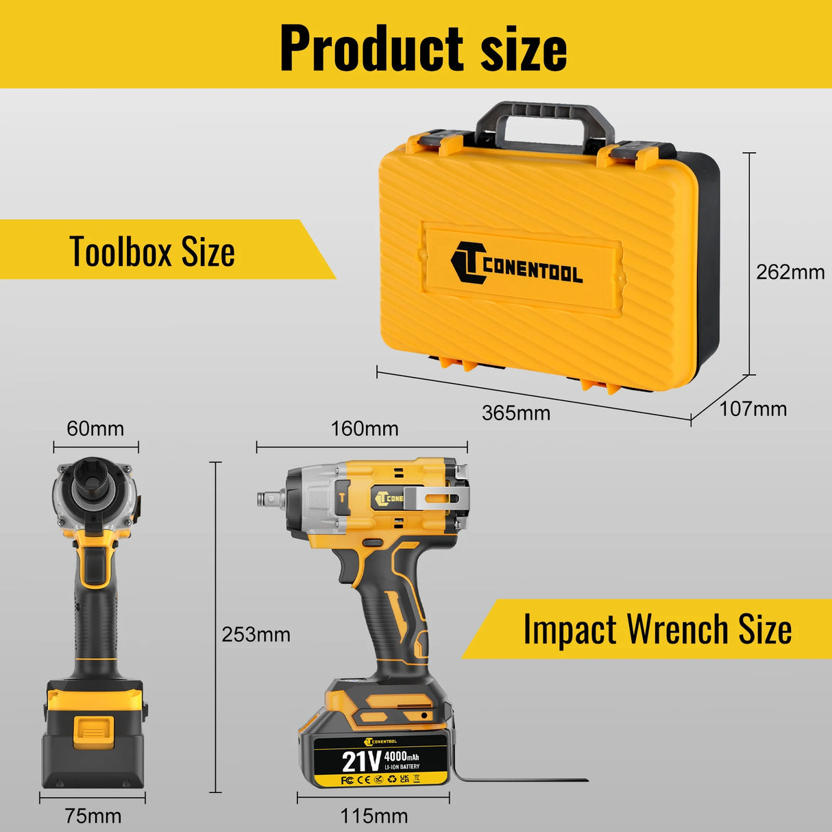 Conentool 21V Brushless Electric Impact Wrench 680N.m Cordless Electric Wrench Tool Kit Set with 2 Batteries and 14p Accessories