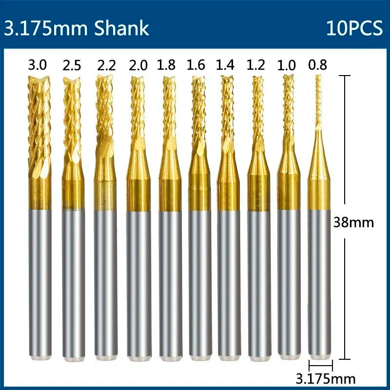 Milling Cutter 10pcs 3.175mm Shank Ball Nose End Mill 2 Flute Flat CNC Router Bits PCB Milling Cutter for Woodworking Tools