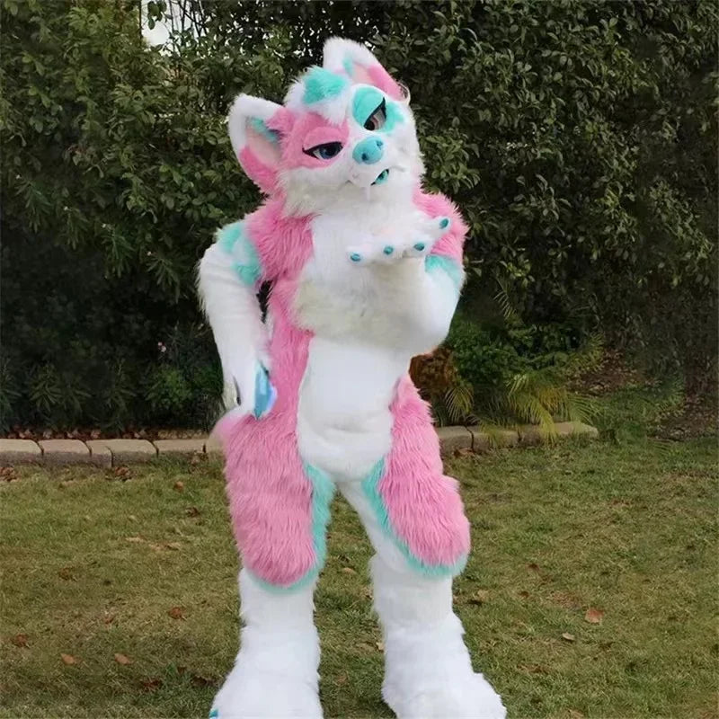 2025 Long Fur Furry Costume Husky Dog purple Fox Mascot Costume Fursuit Wolf Cosplay Party Fursuit Halloween Suit Adult Size