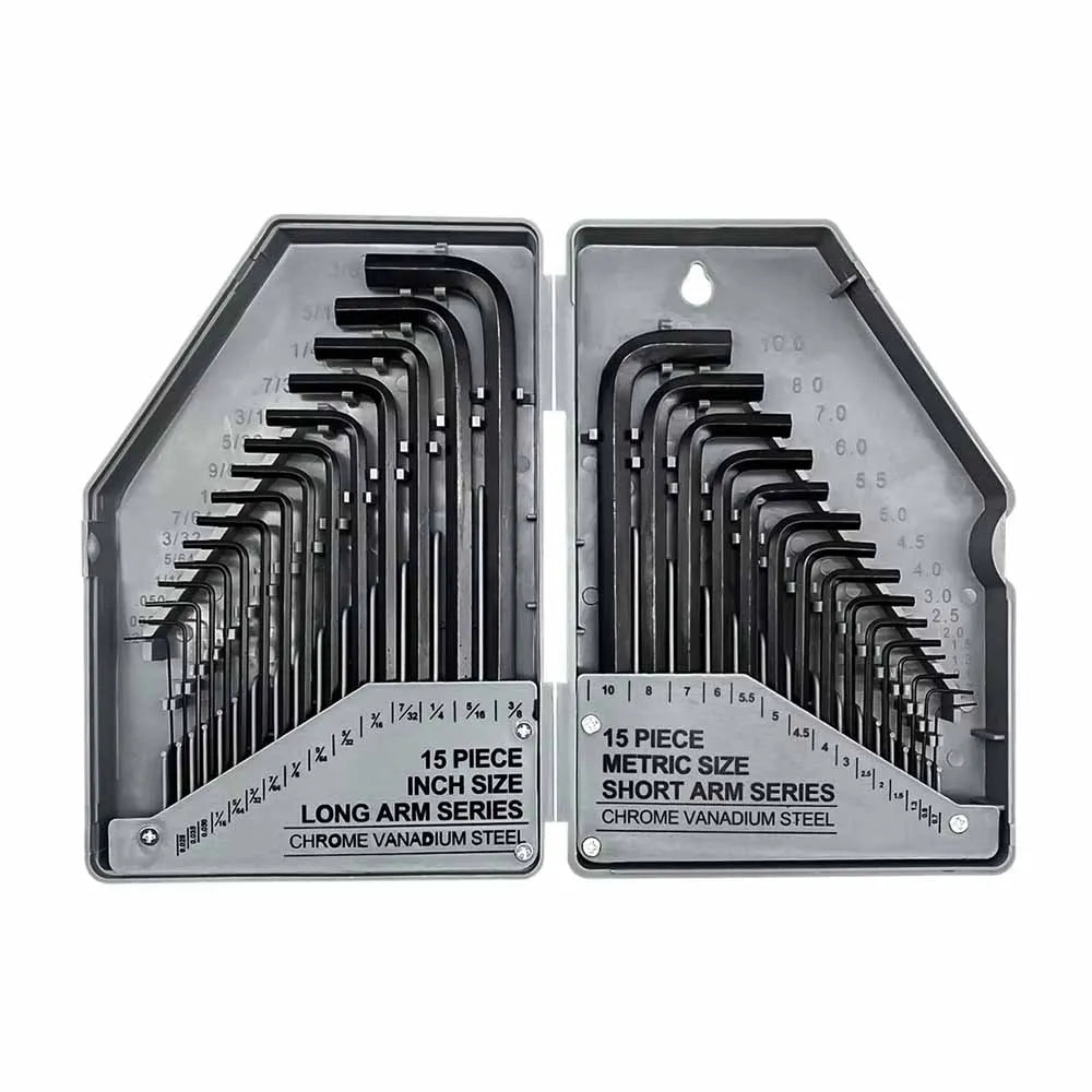 30Pcs Imperial & Metric Hex Allen Key Set Long & Short Arm Allan Alan Alen Hexagonal Steel Wrench Key Kit with Carry Case