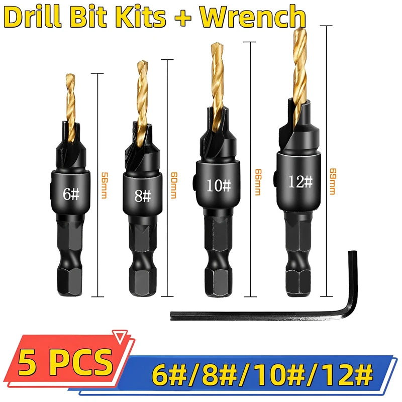 5pcs Countersink Drill Woodworking Drill Bit Set Drilling Pilot Holes for Screw Sizes #5 #6 #8 #10 #12 Cutter Screw Hole Drill