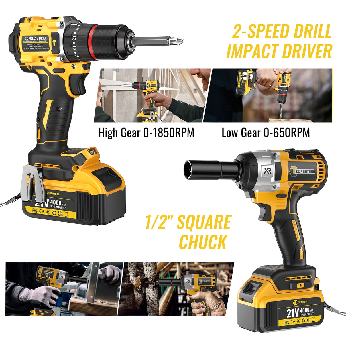 CONENTOOL Cordless 420Nm Impact Wrench + 55Nm Electric Screwdriver Brushless Electric Impact Gun 2*4000mAh Batteries and Charger