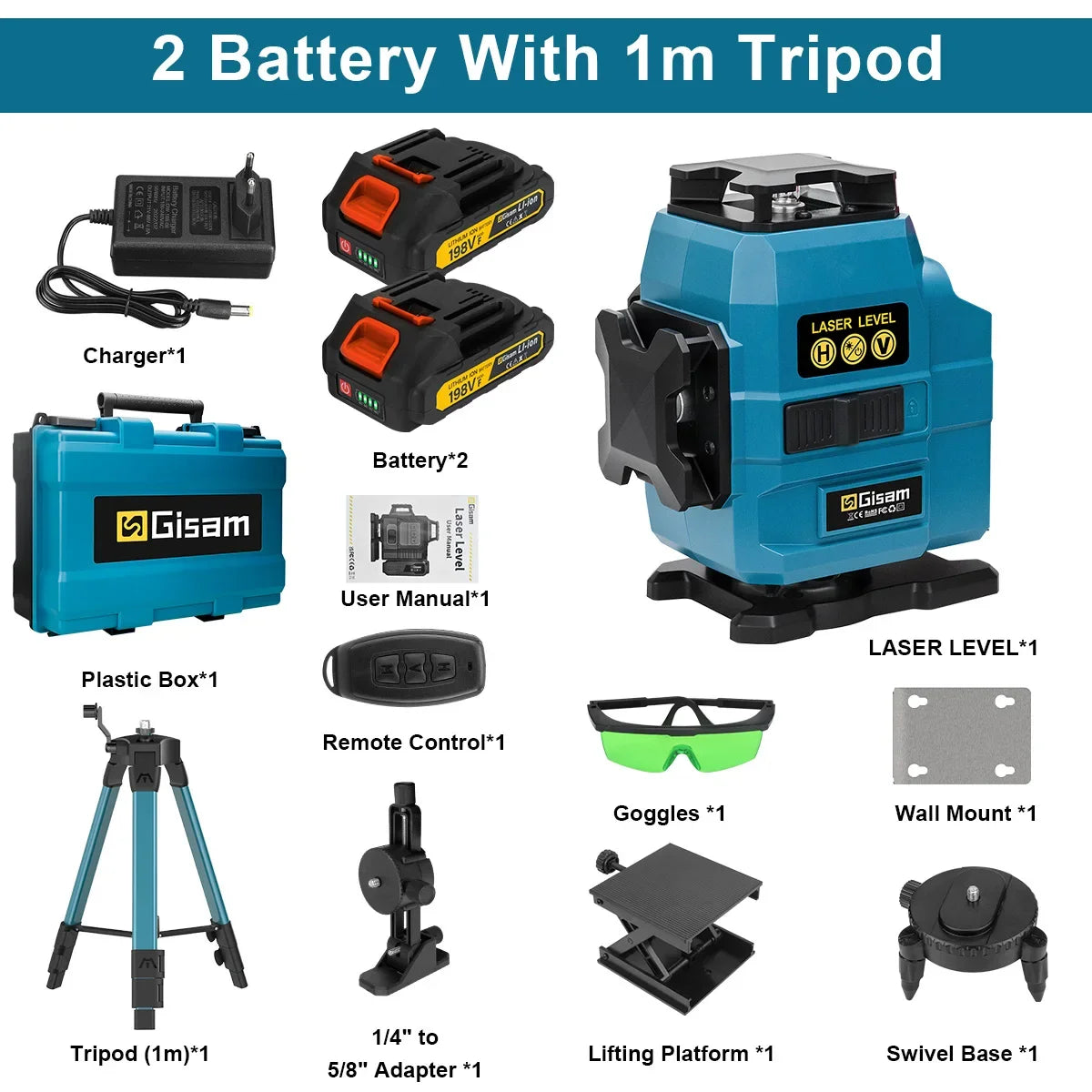 Gisam 16 Lines Laser Level Tripod Green Line SelfLeveling 360 Horizontal & Vertical Remote Control For makita 18v battery pins