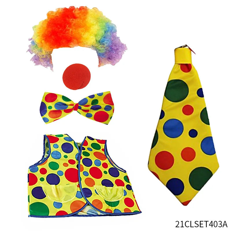 Clown Costume - Nose Wig Bow Tie Shoes Headband Gloves Hat Stockings and Vest Dress Up Cosplay Props Accessories