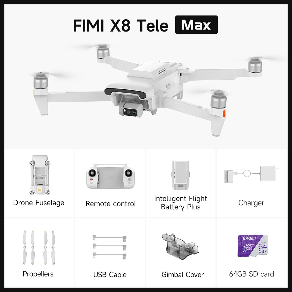 FIMI X8 Tele Max Drone 30x Hybrid Zoom Wide-Angle Tele Camera 20KM Range 4K 60fps 3-Axis Gimbal GPS AI Super Night Video