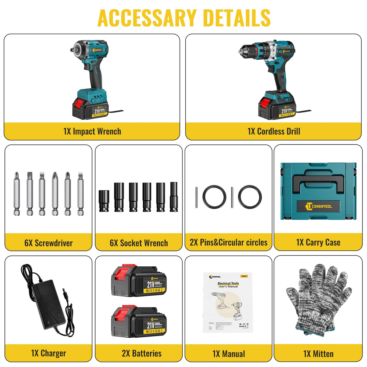 CONENTOOL 21V 520N.m Brushless Electric Impact Wrench Drill Driver Power Tool Combination 120N.m Drill Screwdriver with Battery