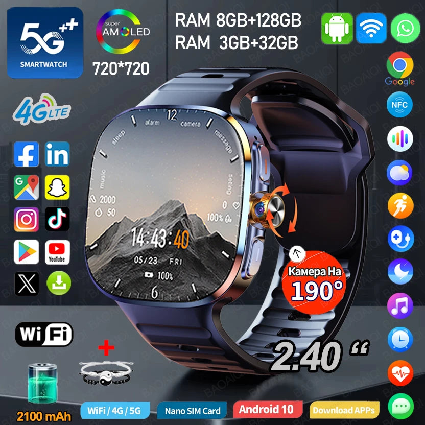 5G/4G Smart Watch 2.4 inch AMOLED 2100mah Battery 900W Camera GPS WIFI Google APPS Download 8GB+128GB RAM Smartwatch Android 10