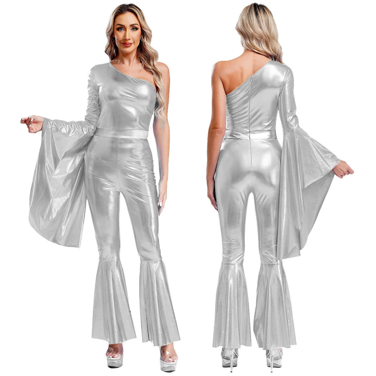 Womens 60 70s Disco Costume Hippie Outfits Halloween Carnival Party Hip-hop Dance Costumes Shiny Metallic Bodysuit Jumpsuit
