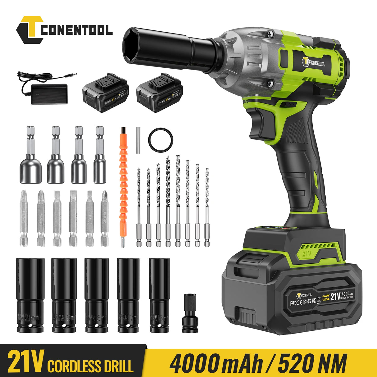 CONENTOOL 520Nm Cordless Impact Wrench 1/2” Brushless Power Tool 21V with 2x 4000mAh Batteries Electric Impact Gun for Car Home