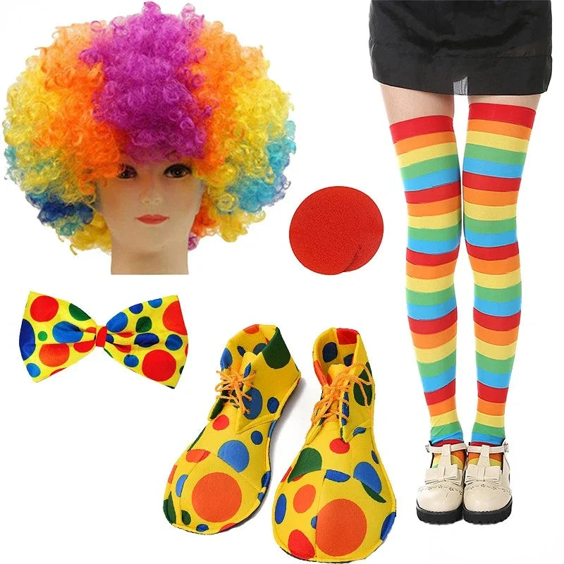 Clown Costume - Nose Wig Bow Tie Shoes Headband Gloves Hat Stockings and Vest Dress Up Cosplay Props Accessories