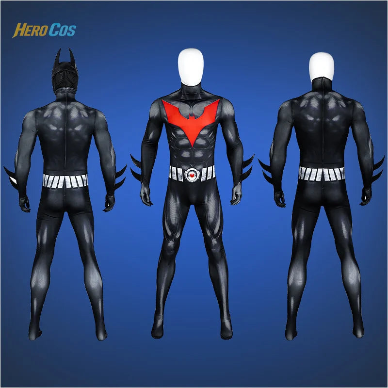 Batmaning Beyond Cosplay Costume Black Jumpsuit with Headgear Full Set Props Accessories Halloween Carnival Party