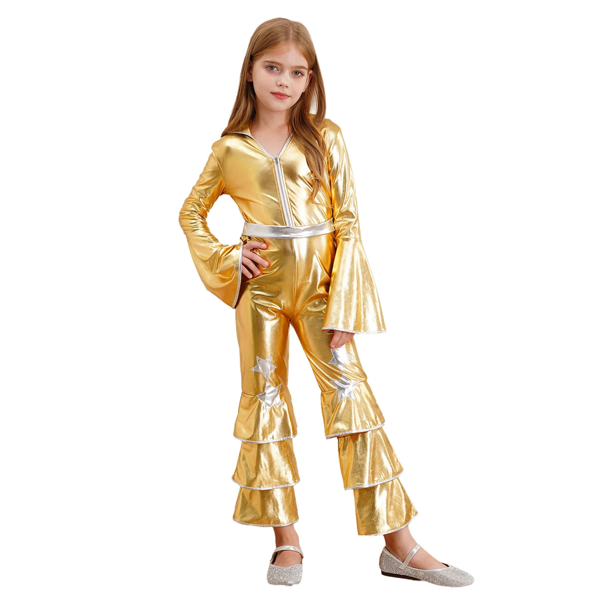 Girls Hippie Costume Cosplay Vintage 60s 70s Disco Stage Performance Dancing Jumpsuit Carnival Shiny Singer Hippies Costumes