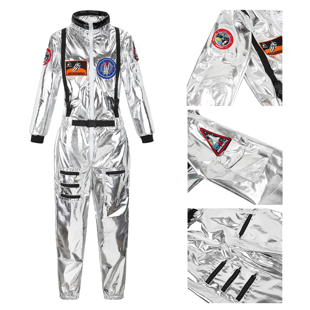 Adult Astronaut Costume for Women Men Flight Suit Costume Cosplay Space Astronaut Blue Full Body Jumpsuit with Zipper Carnival