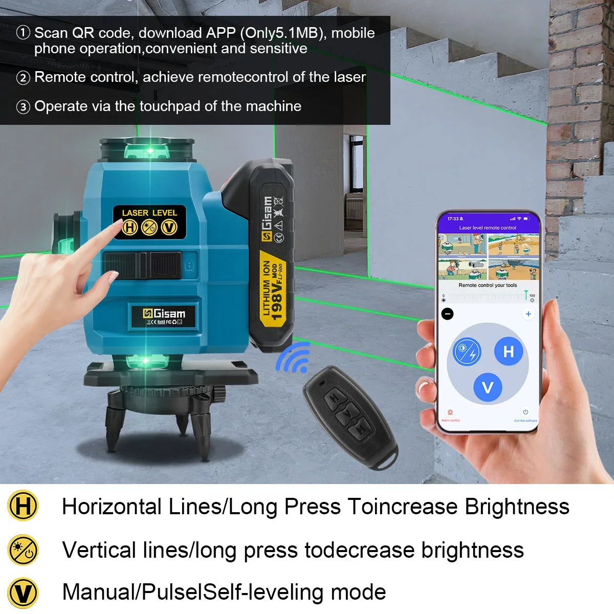 Gisam 16 Lines Laser Level Tripod Green Line SelfLeveling 360 Horizontal & Vertical Remote Control For makita 18v battery pins