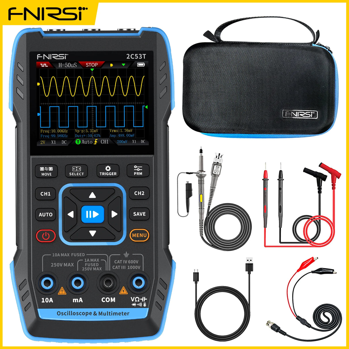 FNIRSI 2C23T 2C53T Upgrade 50MHz Handheld Digital Oscilloscope Multimeter Signal Generator 3 in 1 Dual Channel Automotive Tools