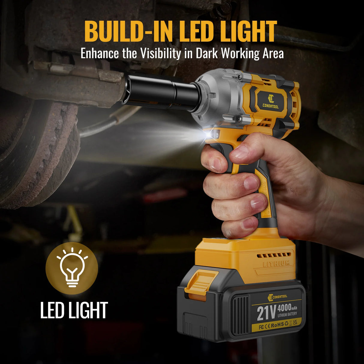 Conentool 21V 680N.m Cordless Brushless Electric Impact Wrench Power Tools with 2 Batteries and 12PCS Accessories for Car Repair