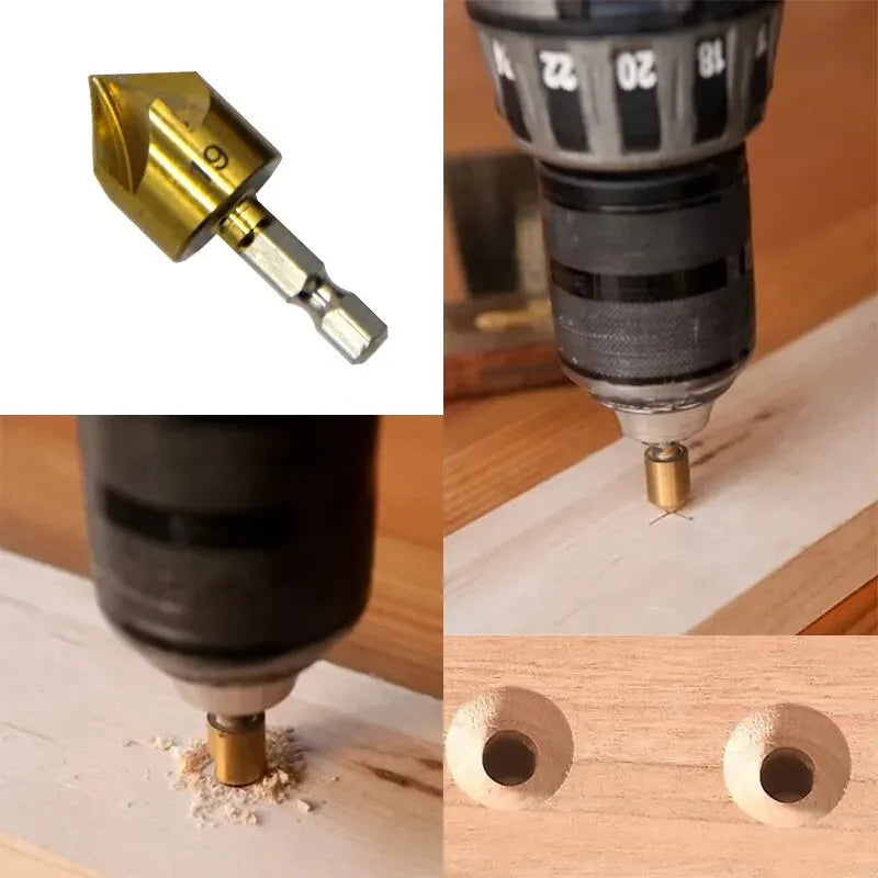 6PC Hexagonal Handle Titanium Plated Five Edge Chamfering Knife Countersunk Drill 6-19mm Woodworking Spot Facer Tool Set