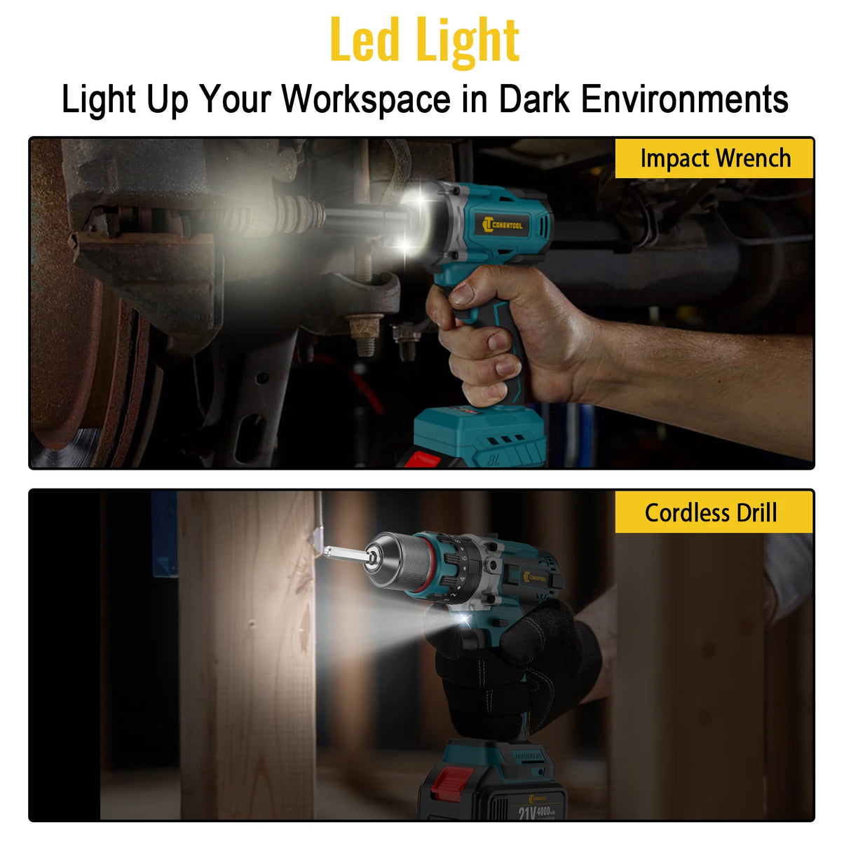 CONENTOOL 21V 520N.m Brushless Electric Impact Wrench Drill Driver Power Tool Combination 120N.m Drill Screwdriver with Battery