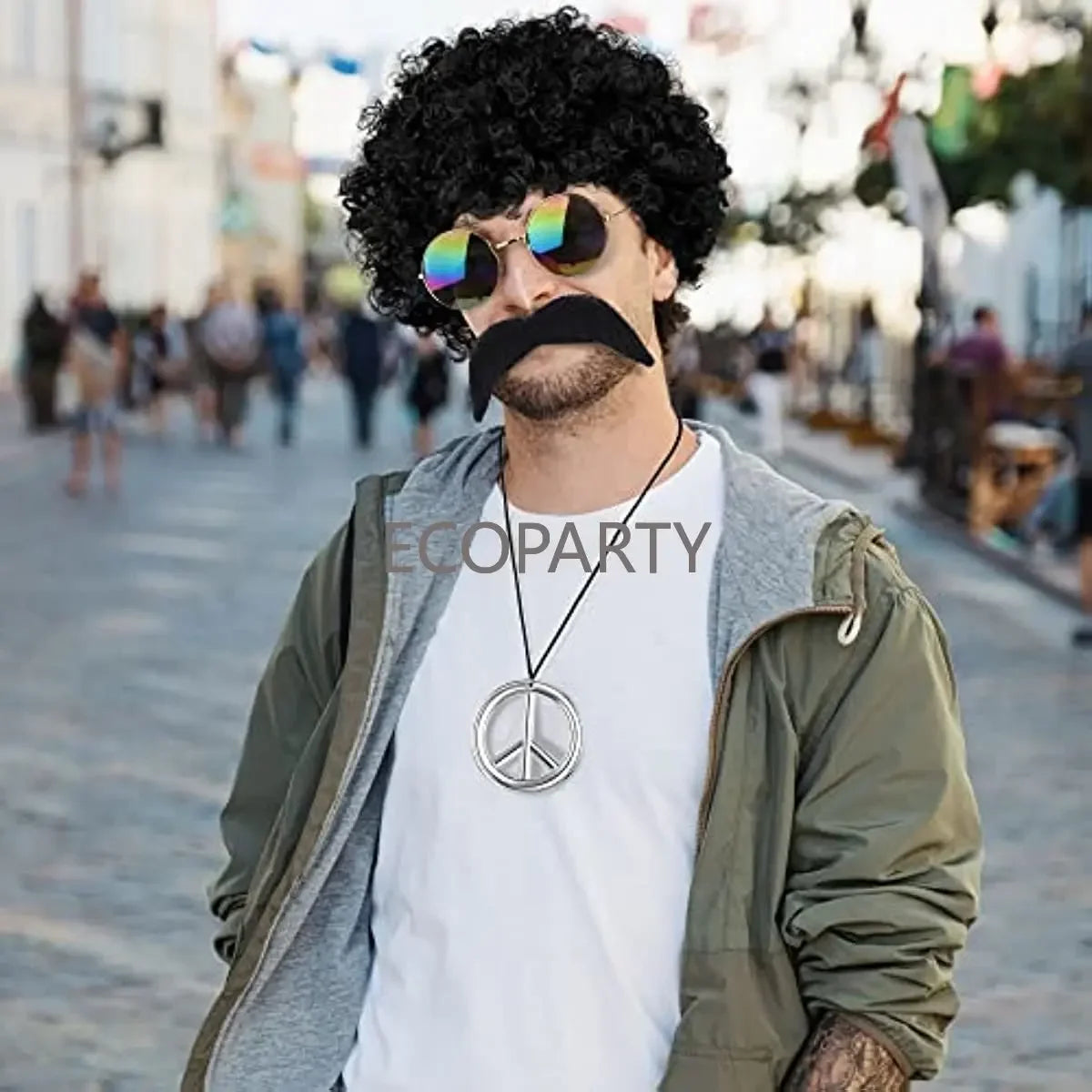 Hippie Costume Accessories 70s Dress Costume Set Includes Funky Afro Wig Glasses Peace Necklace Moustache 60s 70s Hippie Costume