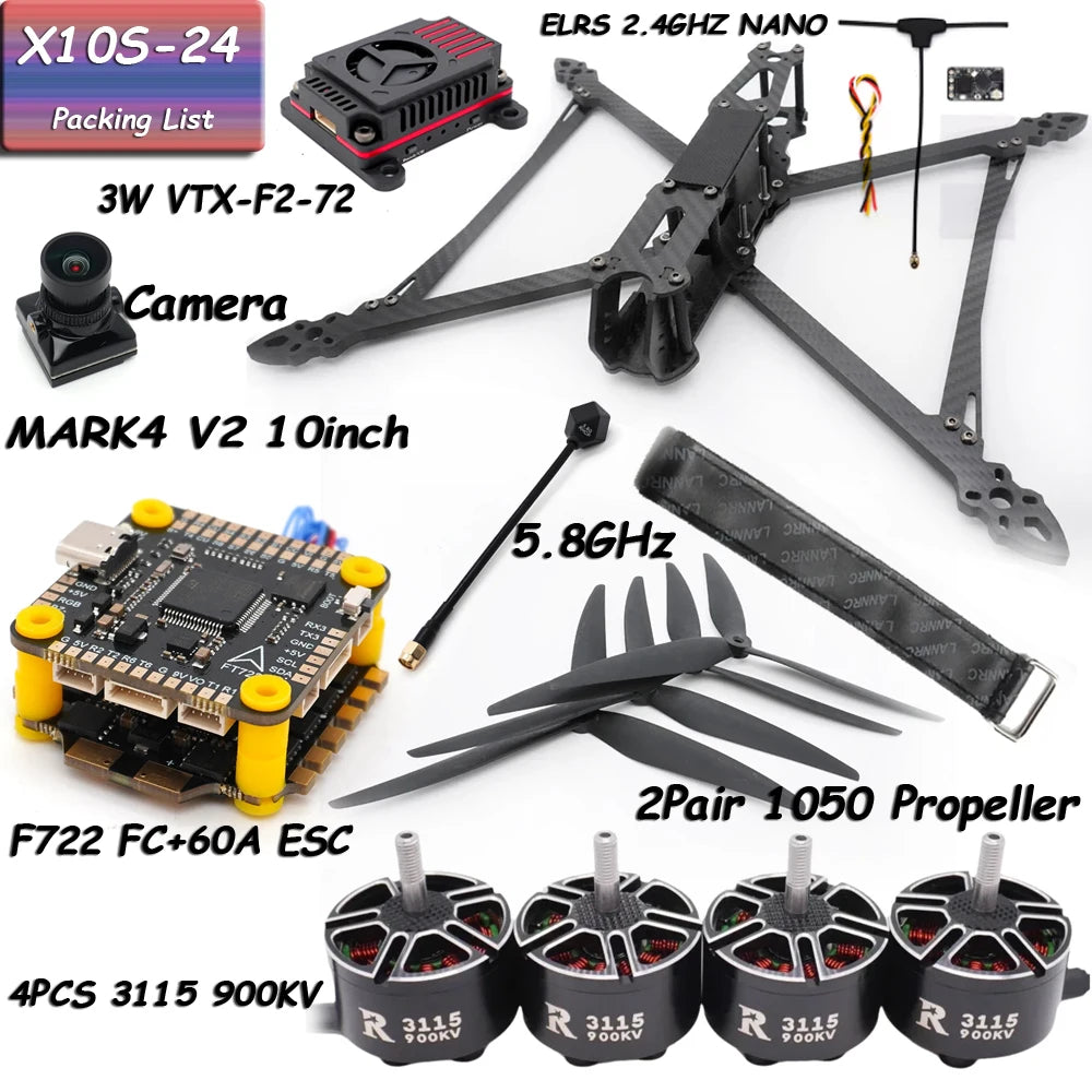 Mark4 V2 10inch 427mm Frame F722 Flight Control 60A ESC 3115 900KV Motor 1050 Propeller Camera VTX Receiver Antenna for FPV Done