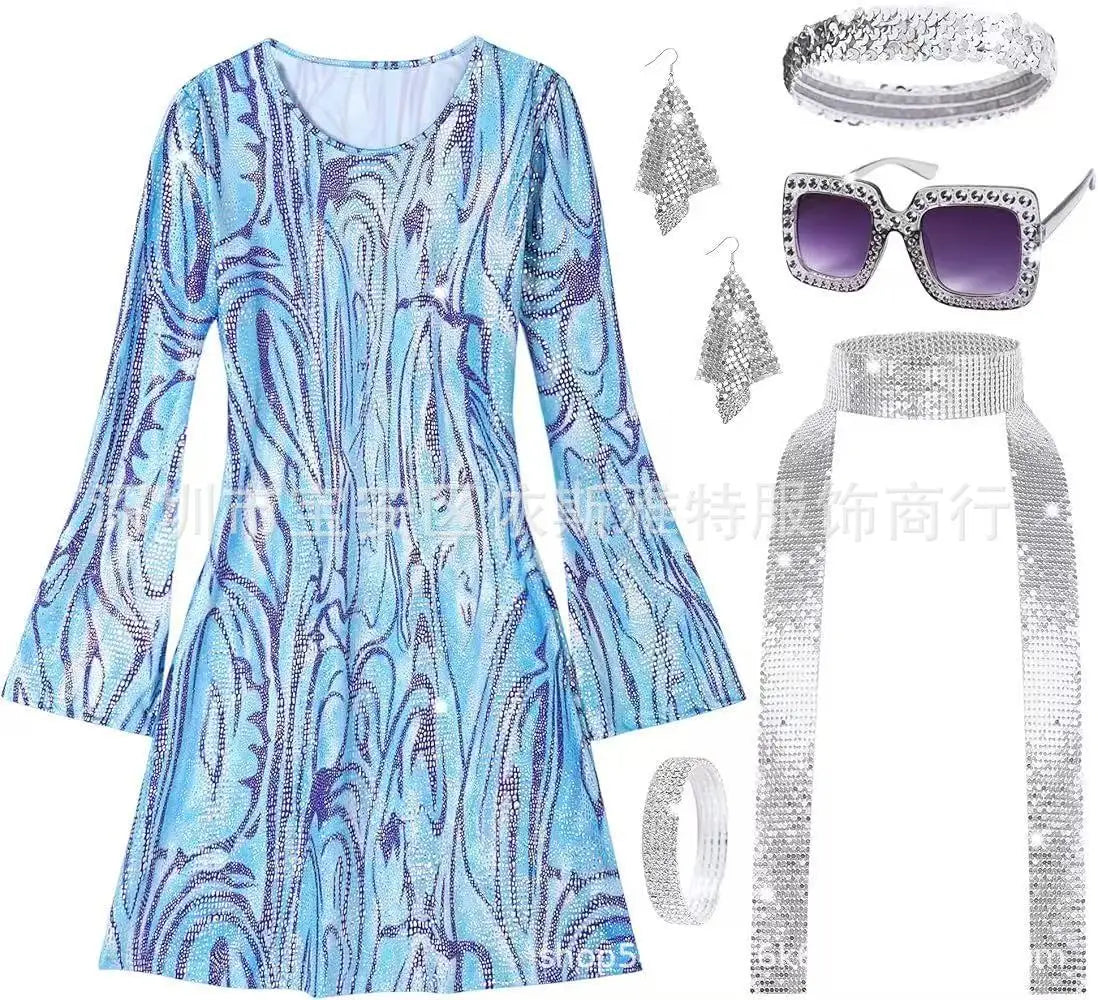 Disfraz 70s Women Disco Dress Hippie Costumes Necklace Earrings Glasses, 60's 70's Birthday Outfits, 1970s Prom Bling Dress